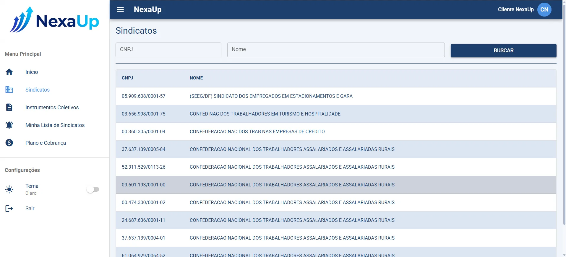 Captura da lista de sindicatos monitorados no NexaUp